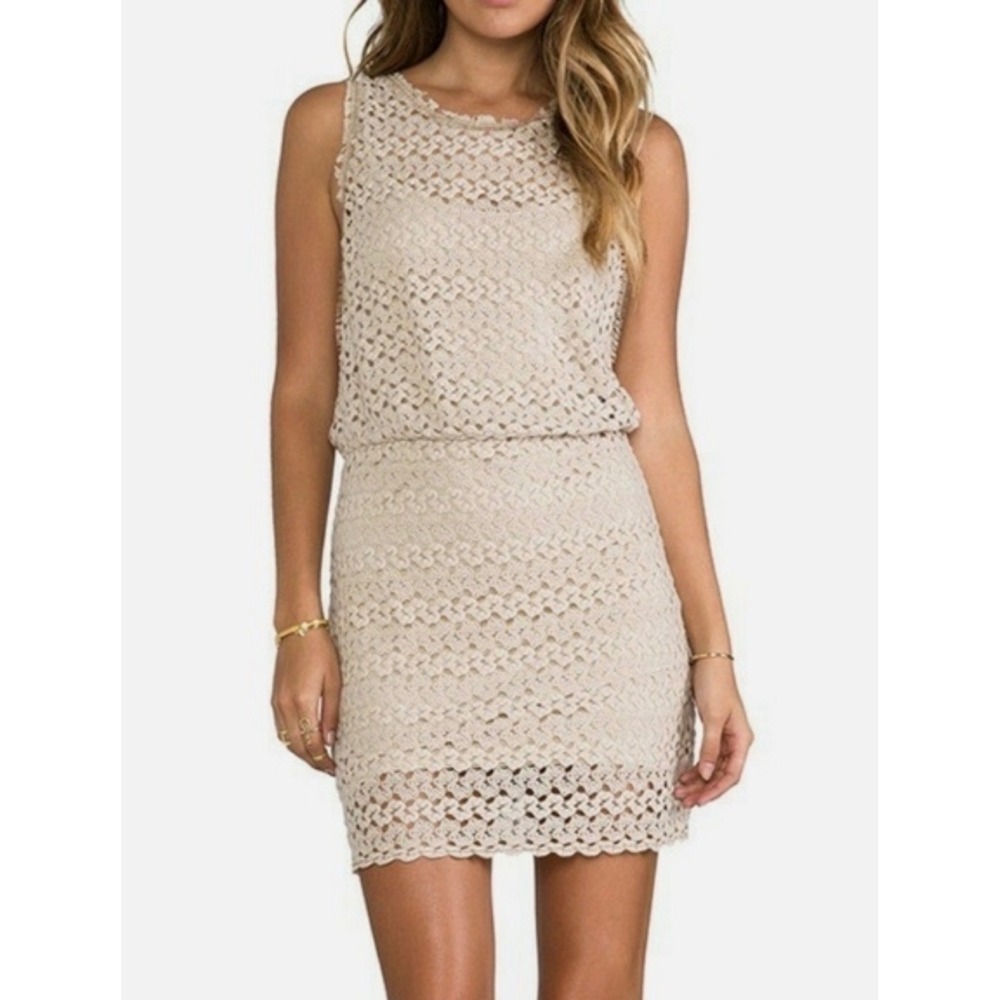Free People Womens Lily Lace Blouson Mini Dress Beige Tan Keyhole Back‎ S